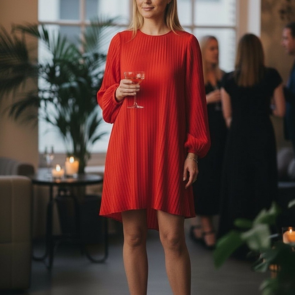 Zara Bold Red Pleated Long‎ Sleeve Asymmetrical Hem Dress size S